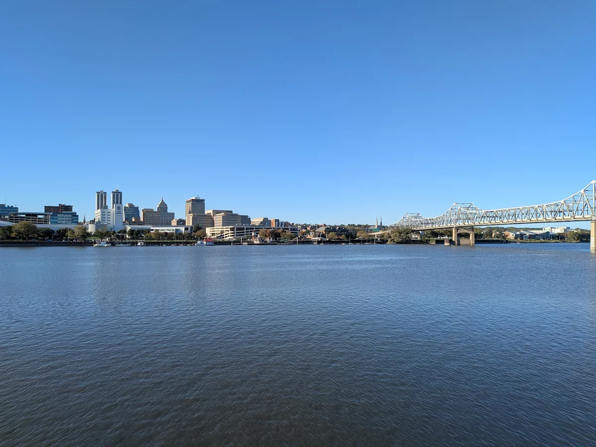 The downtown Peoria skyline across the Illinois River on a clear day